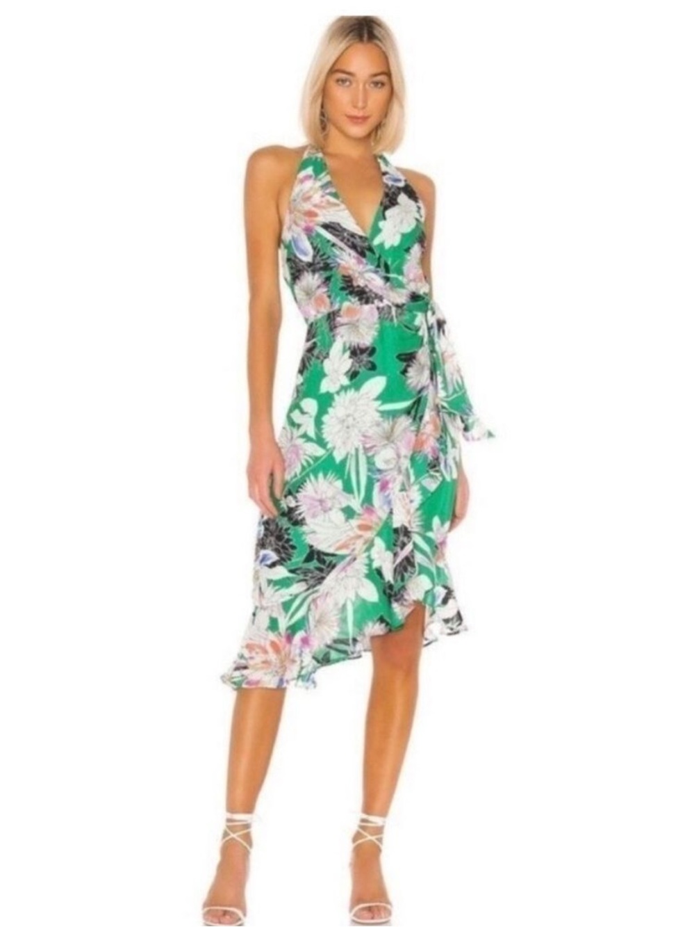 Parker Addie Floral Halter, Faux Wrap Tie Skirt Green Midi Dress with Silk SZ  8